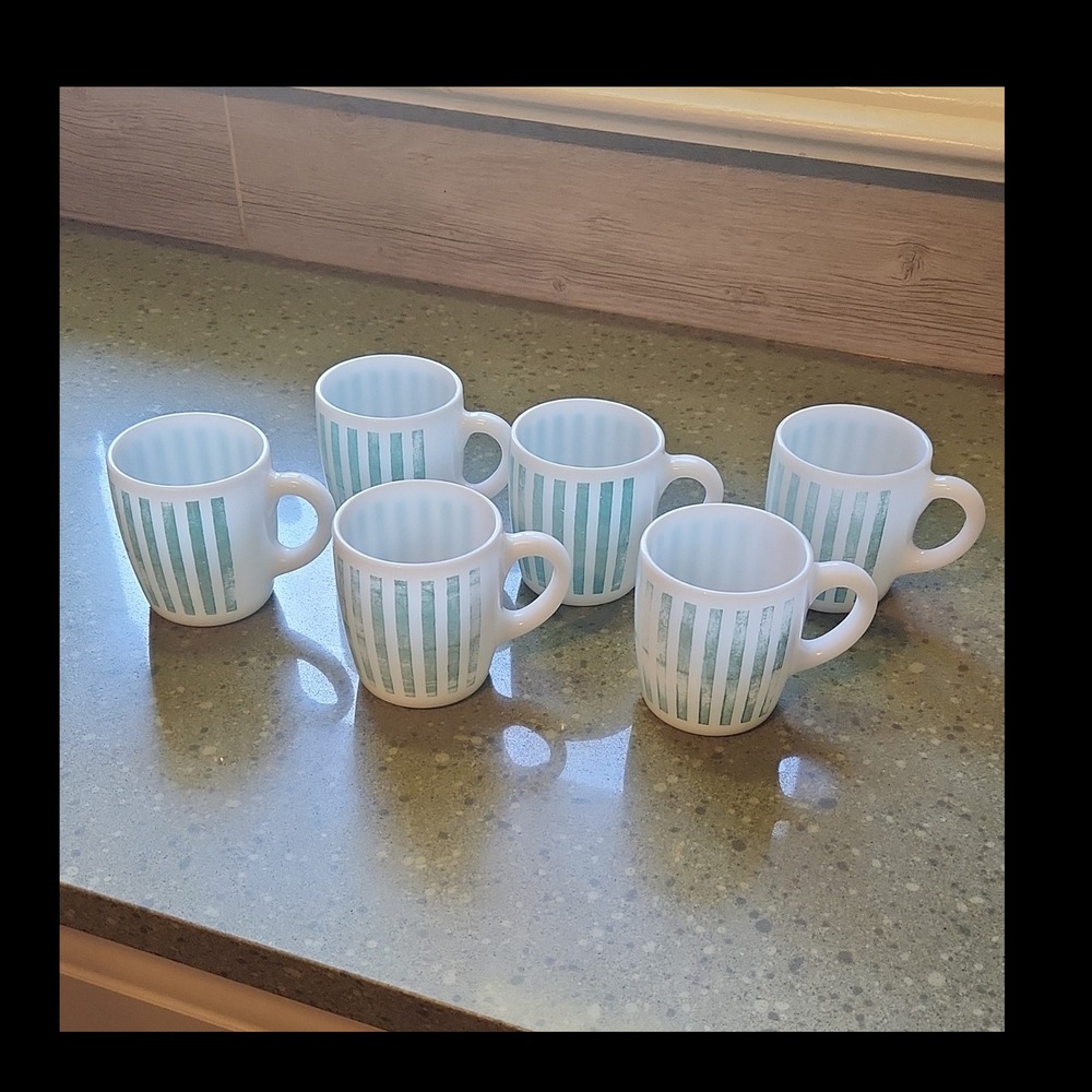 Hazel Atlas Turquoise Candy Stripe Milk Glass Mugs, Set of 6 VTG